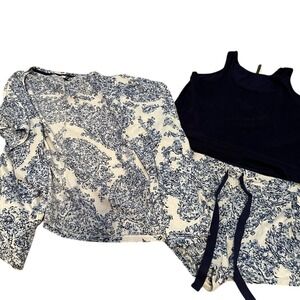 Floral Print 3 Piece Pajama‎ Set Tank Top Shorts Cardigan Loungewear